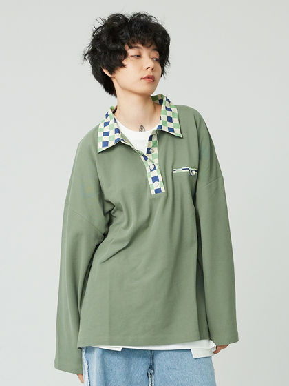 reemixstudio|在地拾用|男款|POLO|在地拾用 格子领复古宽松长袖T恤